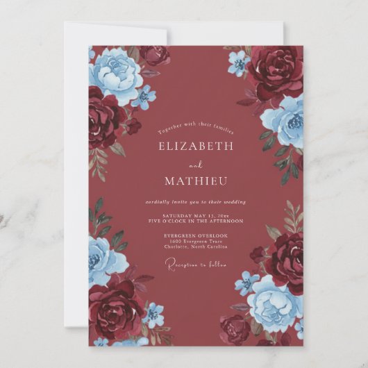 Invitation Mariage Romance Fleur Bleue Bourgogne (Devant)