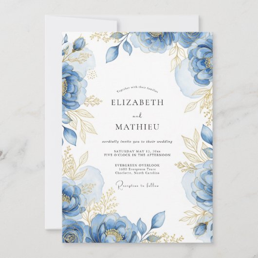 Invitation Mariage Romance Fleur Bleue Dorée (Devant)