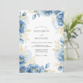 Invitation Mariage Romance Fleur Bleue Dorée (Debout devant)