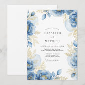 Invitation Mariage Romance Fleur Bleue Dorée (Devant / Derrière)