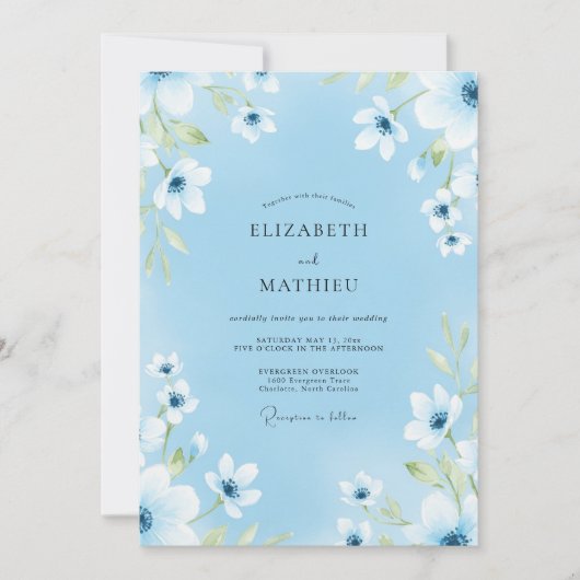 Invitation Mariage Romance Fleur Bleue Douce (Devant)
