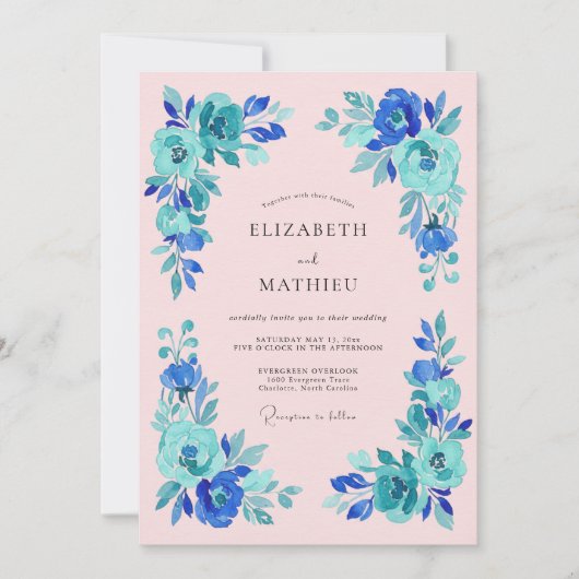 Invitation Mariage Romance Fleur Bleue Teal (Devant)