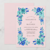 Invitation Mariage Romance Fleur Bleue Teal (Devant / Derrière)