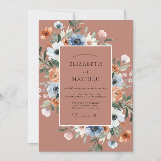 Invitation Mariage Romance Fleur Bleue Terracotta (Devant)