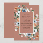 Invitation Mariage Romance Fleur Bleue Terracotta (Devant / Derrière)