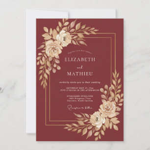 Invitation Mariage Romance Fleur Burgonde Dorée