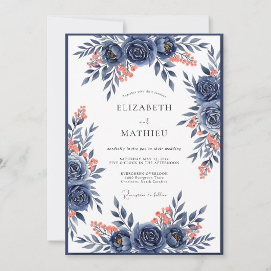 Invitation Mariage Romance Fleur de Corail Navy (Devant)