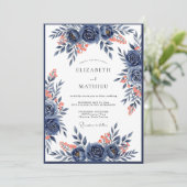 Invitation Mariage Romance Fleur de Corail Navy (Debout devant)