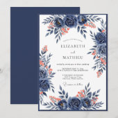 Invitation Mariage Romance Fleur de Corail Navy (Devant / Derrière)