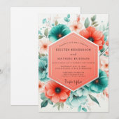 Invitation Mariage Romance Fleur de Corail Sarcelle (Devant / Derrière)