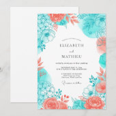 Invitation Mariage Romance Fleur de Corail Sarcelle (Devant / Derrière)