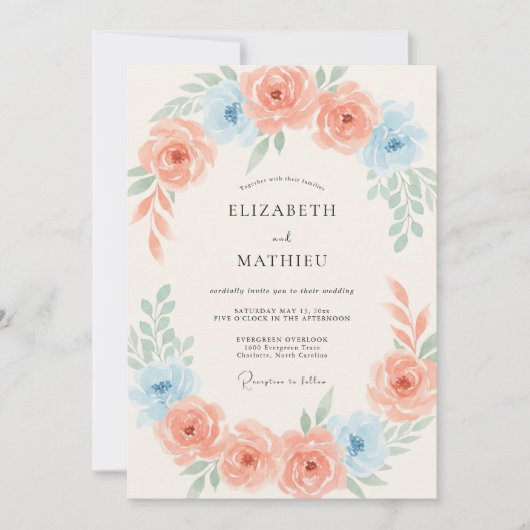 Invitation Mariage Romance Fleur de Pêche Bleue (Devant)