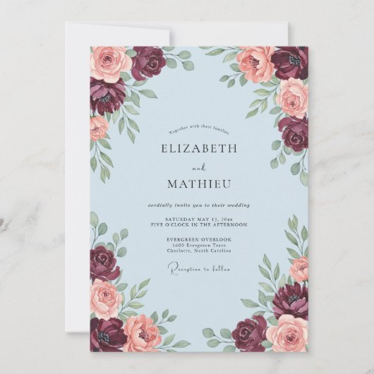 Invitation Mariage Romance Fleur de Robe de Bourgogne (Devant)