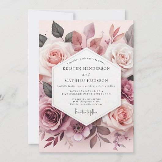 Invitation Mariage Romance Fleur de Rose Poussiéreuse (Devant)