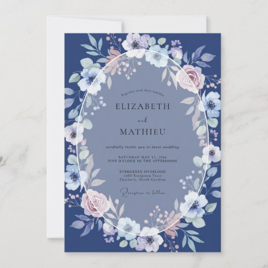 Invitation Mariage Romance Fleur Délicate Navy (Devant)