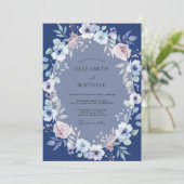 Invitation Mariage Romance Fleur Délicate Navy (Debout devant)