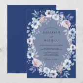 Invitation Mariage Romance Fleur Délicate Navy (Devant / Derrière)