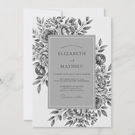 Invitation Mariage Romance Fleur Grise (Devant)