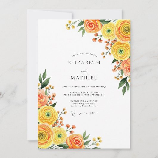 Invitation Mariage Romance Fleur Jaune Orange (Devant)