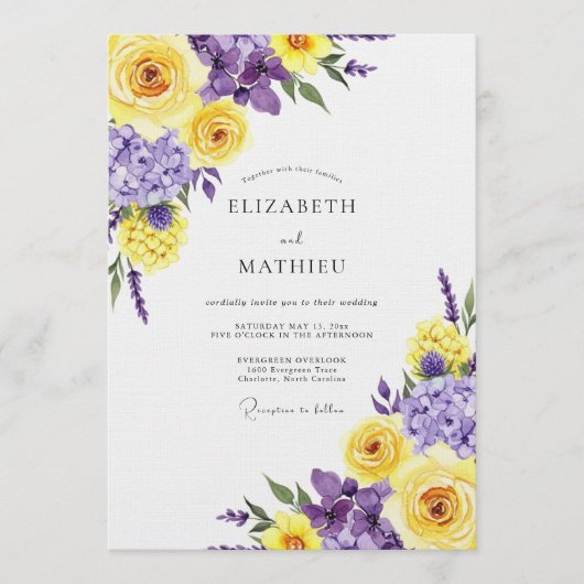 Invitation Mariage Romance Fleur Jaune Violet (Devant)