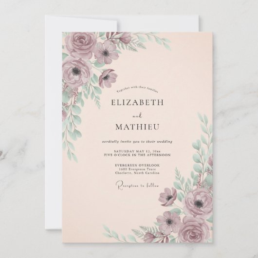 Invitation Mariage Romance Fleur Mauve Douce (Devant)