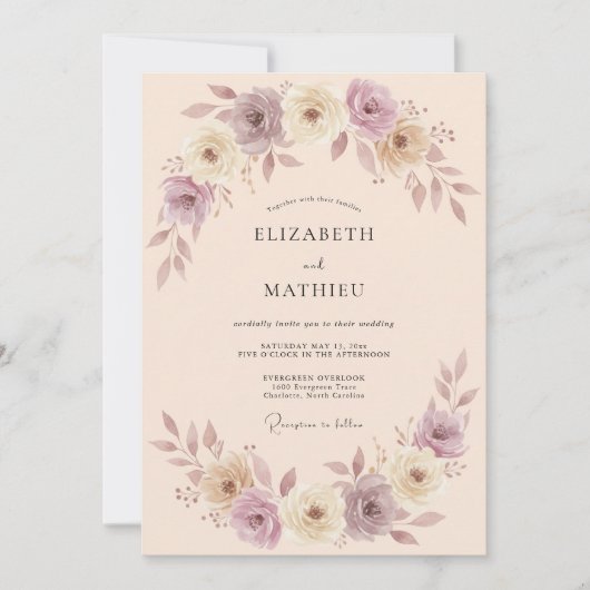 Invitation Mariage Romance Fleur Mauve Douce (Devant)
