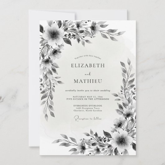 Invitation Mariage Romance Fleur Noir Blanc (Devant)