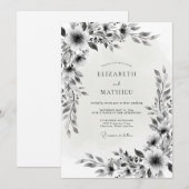 Invitation Mariage Romance Fleur Noir Blanc (Devant / Derrière)