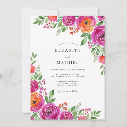 Invitation Mariage Romance Fleur Orange Magenta (Devant)