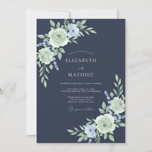 Invitation Mariage Romance Fleur Pastel Navy (Devant)
