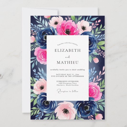 Invitation Mariage Romance Fleur Rose Navy (Devant)