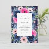 Invitation Mariage Romance Fleur Rose Navy (Debout devant)