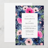 Invitation Mariage Romance Fleur Rose Navy (Devant / Derrière)