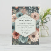 Invitation Mariage Romance Fleur Teintée de Bleu-vert (Debout devant)