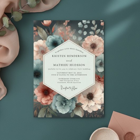 Invitation Mariage Romance Fleur Teintée de Bleu-vert