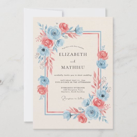 Invitation Mariage Romance Fleurie Bleu Corail (Devant)