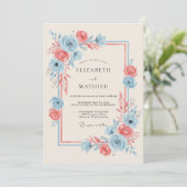 Invitation Mariage Romance Fleurie Bleu Corail (Debout devant)