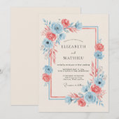 Invitation Mariage Romance Fleurie Bleu Corail (Devant / Derrière)