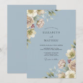 Invitation Mariage Romance Fleurie Bleu Poussiéreux (Devant / Derrière)