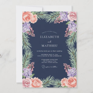 Invitation Mariage Romance Fleurie Laurier Navy