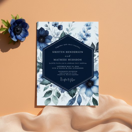 Invitation Mariage Romance Fleurie Navy
