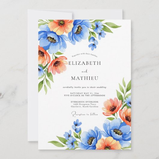 Invitation Mariage Romance Fleurie Orange Bleu (Devant)