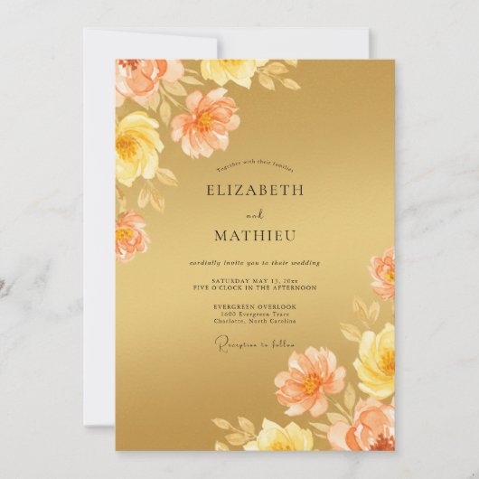 Invitation Mariage Romance Fleurie Pêche Dorée (Devant)