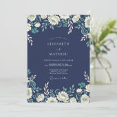 Invitation Mariage Romance Fleurs Défilantes Navy (Debout devant)