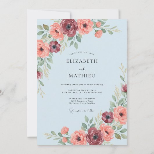 Invitation Mariage Romance Floral Bleu Clair (Devant)