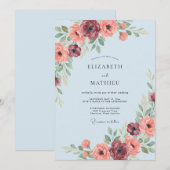 Invitation Mariage Romance Floral Bleu Clair (Devant / Derrière)