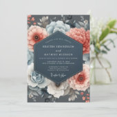 Invitation Mariage Romance Floral Bleu Corail (Debout devant)
