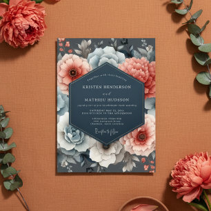 Invitation Mariage Romance Floral Bleu Corail