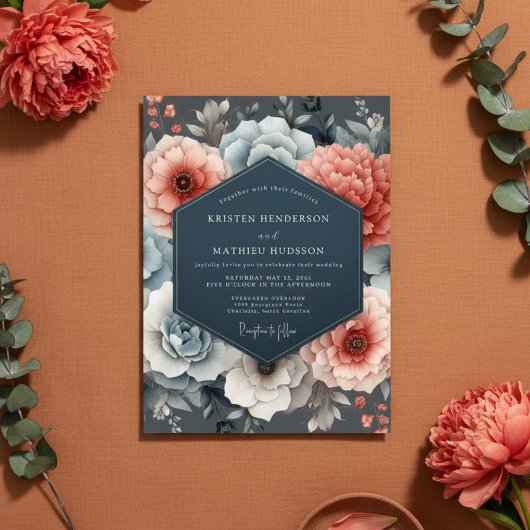 Invitation Mariage Romance Floral Bleu Corail