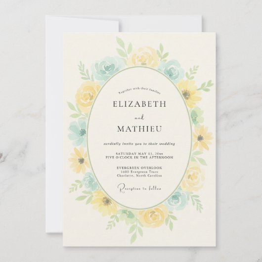 Invitation Mariage Romance Floral Bleu Jaune (Devant)
